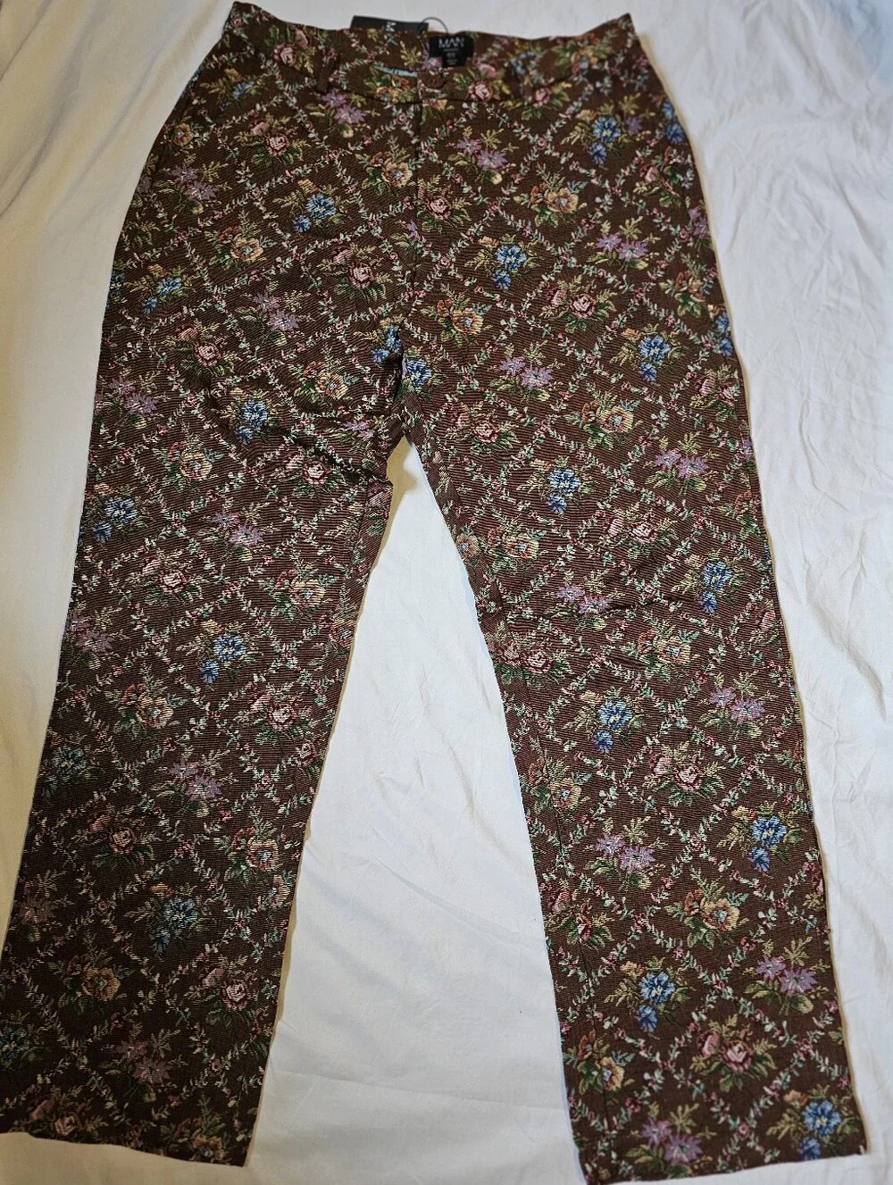 boohooMAN Men’s Floral Tapestry Trousers Chocolate Brown Size 34 NWT